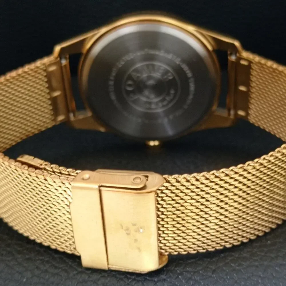 Vintage 1971 Roamer Manual Mens Gold Watch W/Metal Strap & Red accents